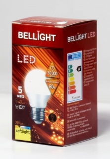 LED ako 40W žiarovka E27 230V BELLIGHT (spotreba 5W) teplá biela G45